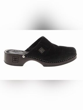 CHANEL Black Suede Slip-On Mules Clogs Open Back 39